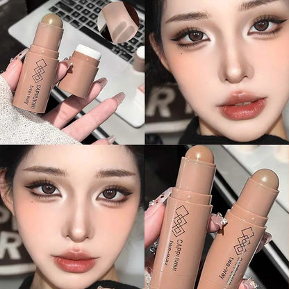 Blushimmer double-head face bronzer contour stick with brush, featuring light and dark shades for facial contouring and brightening.