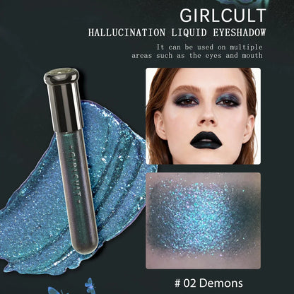 Girlcult Hallucination Liquid Eyeshadow by Blushimmer with fine glitter, metallic shine, and iridescent shift for eye highlighting.