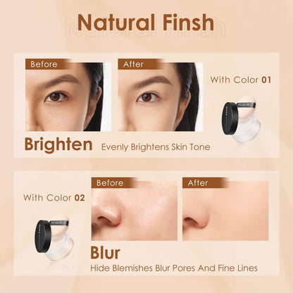 Blushimmer Focallure Invisible Finish Loose Setting Powder in translucent, natural tone, oil control face makeup powder on a soft face.