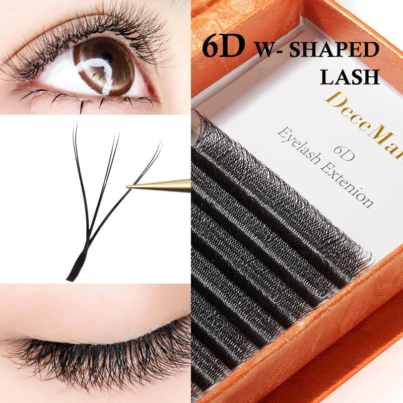 DeceMars 6D-W shaped eyelash extension by Blushimmer, showcasing thick, curl-enhancing 6D-W lash set with natural fan shape