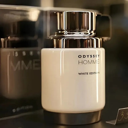Armaf Odyssey Homme White Edition men's Eau De Toilette spray 3.4 oz, featuring sleek white bottle and elegant fragrance design
