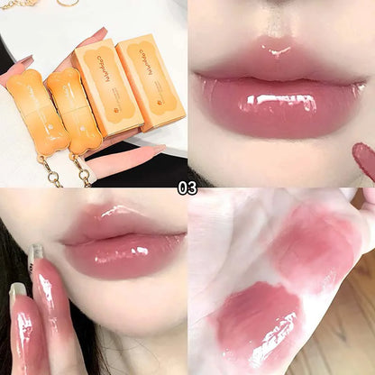 Blushimmer PINKCOCO Bear Doodle Mirror Lip Glaze with shiny nude finish, long-lasting and skin-brightening lip gloss for a natural look