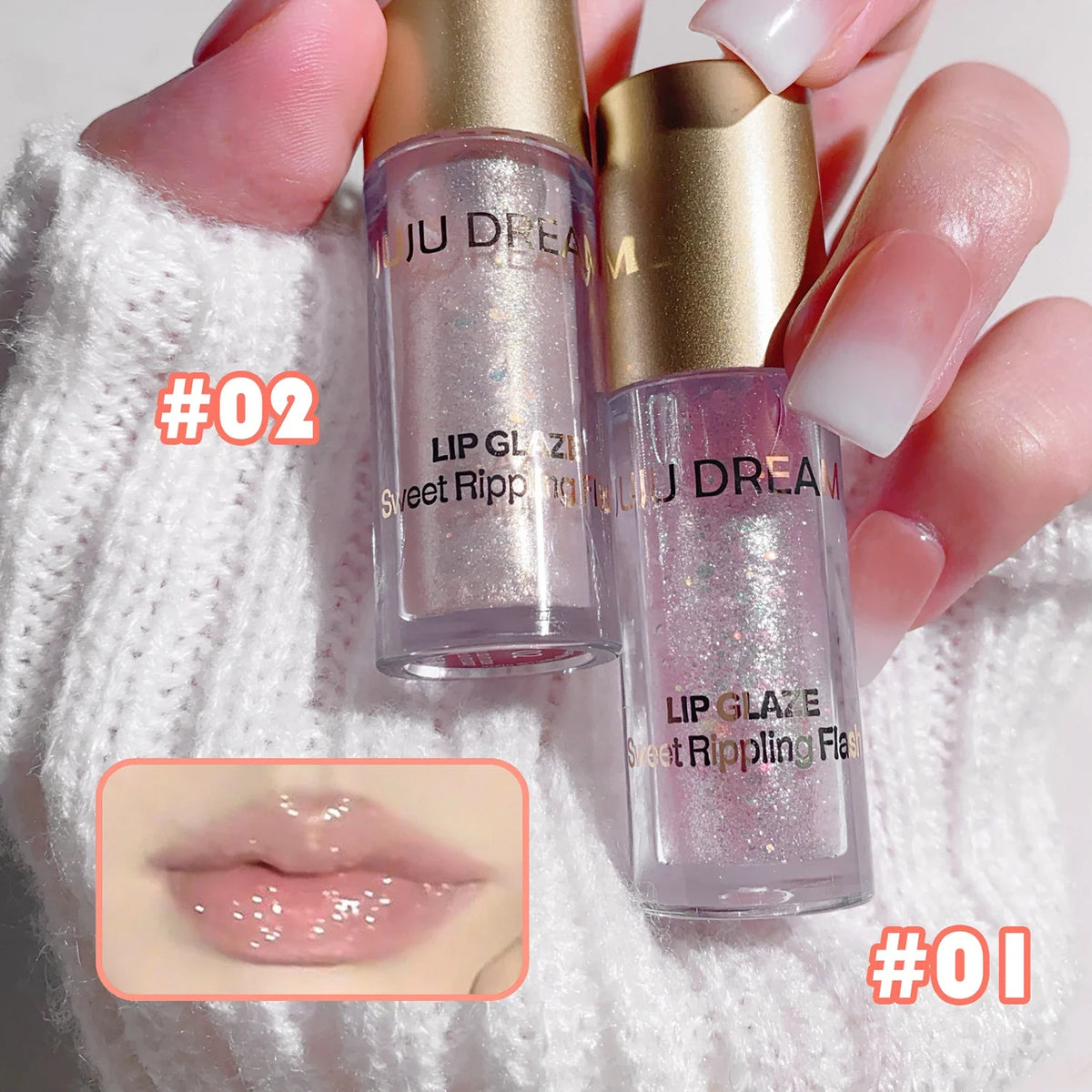 Blushimmer sweet sparkling lip glaze in transparent water gloss tube, shiny and light lip shine for a glossy, pure desire look
