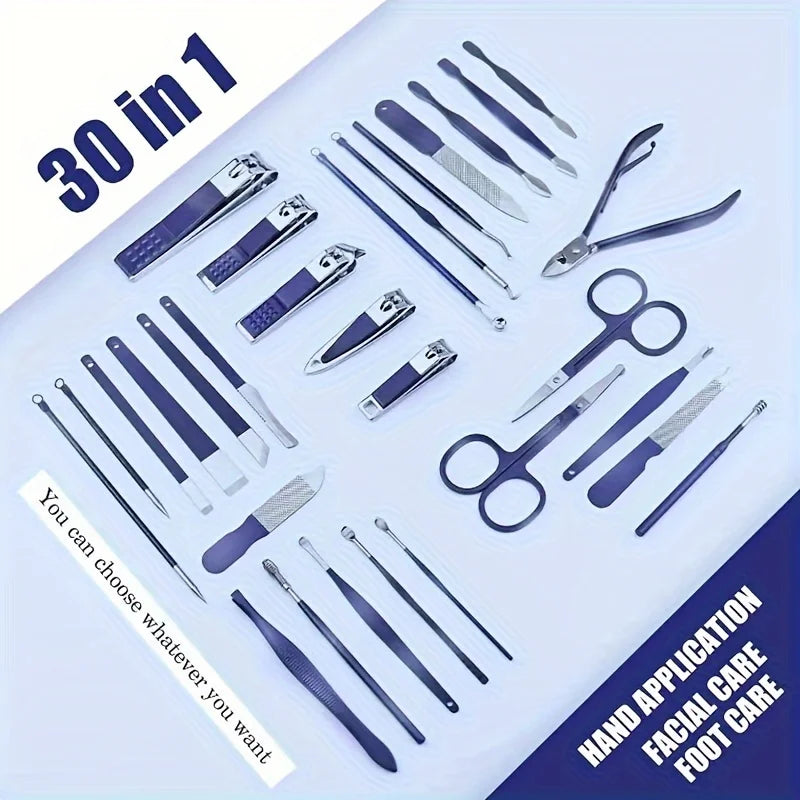 Set of 30 high-quality steel manicure and pedicure nail clippers from Blushimmer, includes various nail scissors and cutters.