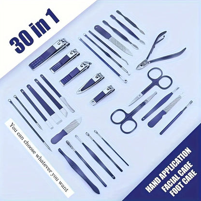 Set of 30 high-quality steel manicure and pedicure nail clippers from Blushimmer, includes various nail scissors and cutters.