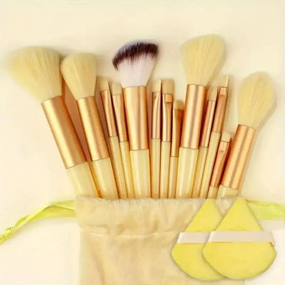 Set of soft, fluffy makeup brushes by Blushimmer including foundation, eyeshadow, and kabuki brushes for professional beauty application.
