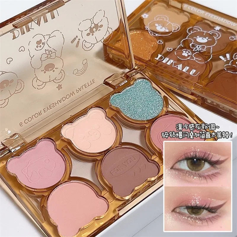 Blushimmer 6-color matte eyeshadow palette with shimmering shades in smoky gray, red, black, and wine red eye makeup.