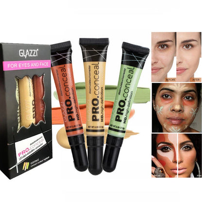 Blushimmer 3-piece concealer kit set with face camouflage creams for acne scars, dark circles, contouring, and foundation makeup.