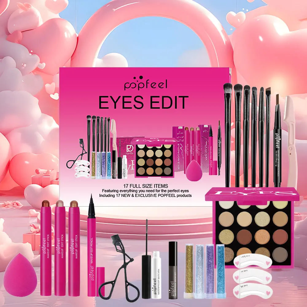 Blushimmer makeup gift set for women with eyebrow powder, lipstick, lip gloss, eye shadow palette, brushes, shimmer, and glitter.