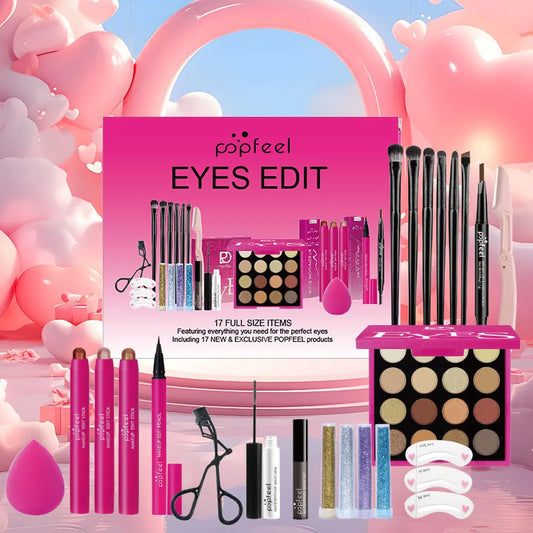 Blushimmer makeup gift set for women with eyebrow powder, lipstick, lip gloss, eye shadow palette, brushes, shimmer, and glitter.