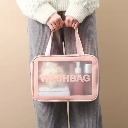 Transparent waterproof travel wash bag by Blushimmer with large capacity cosmetic organizer for women, ideal for makeup and beauty essentials.