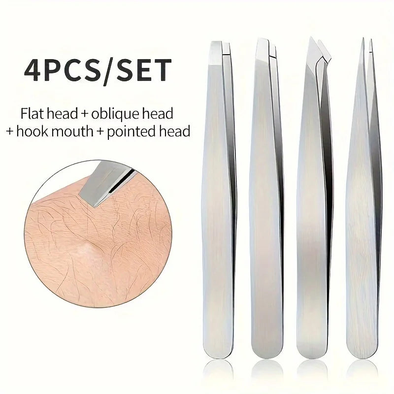 Blushimmer 4-piece stainless steel professional tweezers set with angled tips for eyebrow, beard, and hair removal.