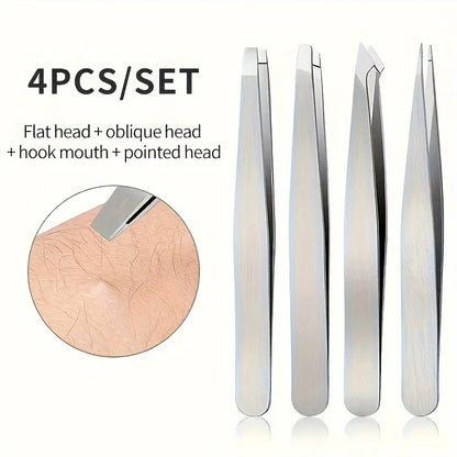 Blushimmer 4-piece stainless steel professional tweezers set with angled tips for eyebrow, beard, and hair removal.