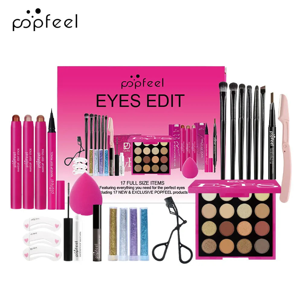 Blushimmer makeup gift set for women with eyebrow powder, lipstick, lip gloss, eyeshadow palette, brushes, and shimmer accents.
