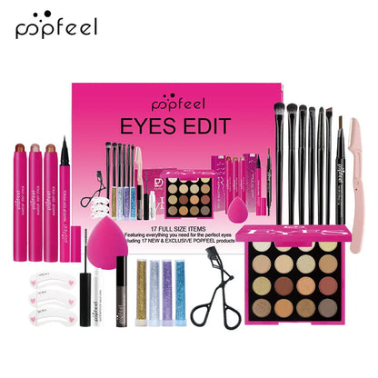 Blushimmer makeup gift set for women with eyebrow powder, lipstick, lip gloss, eyeshadow palette, brushes, and shimmer accents.