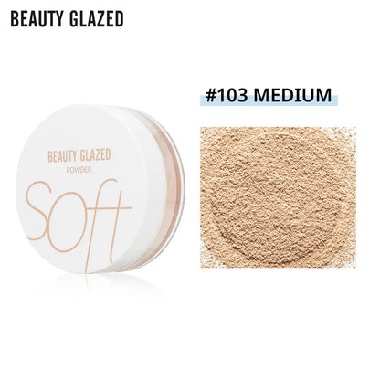 Beauty Glazed matte loose powder by Blushimmer in four shades, waterproof, long-lasting concealer and banana powder for makeup.