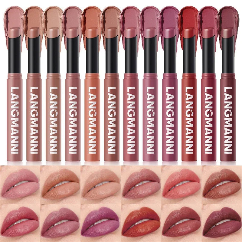 Blushimmer 12-color matte lipstick set featuring long-lasting, waterproof velvet finish lip color and smooth non-fading formula.