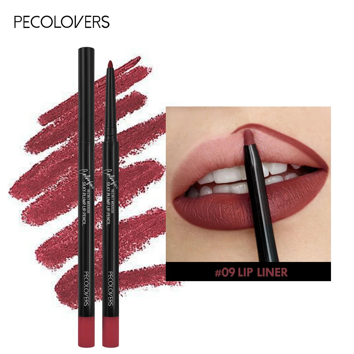 Blushimmer waterproof matte lipliner pencil in red, long-lasting, moisturizing lipstick for lips, shown with a lipstick tube.