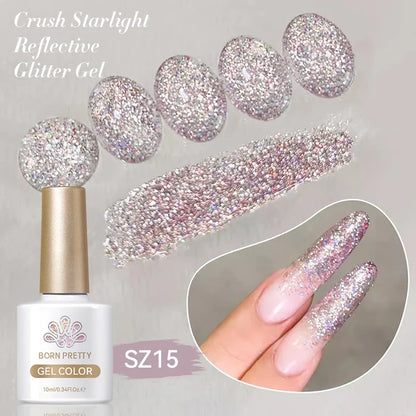 Silver carat glitter gel nail polish by Blushimmer with reflective sparkle, ultra-shine finish, ideal for UV nail art and manicures.