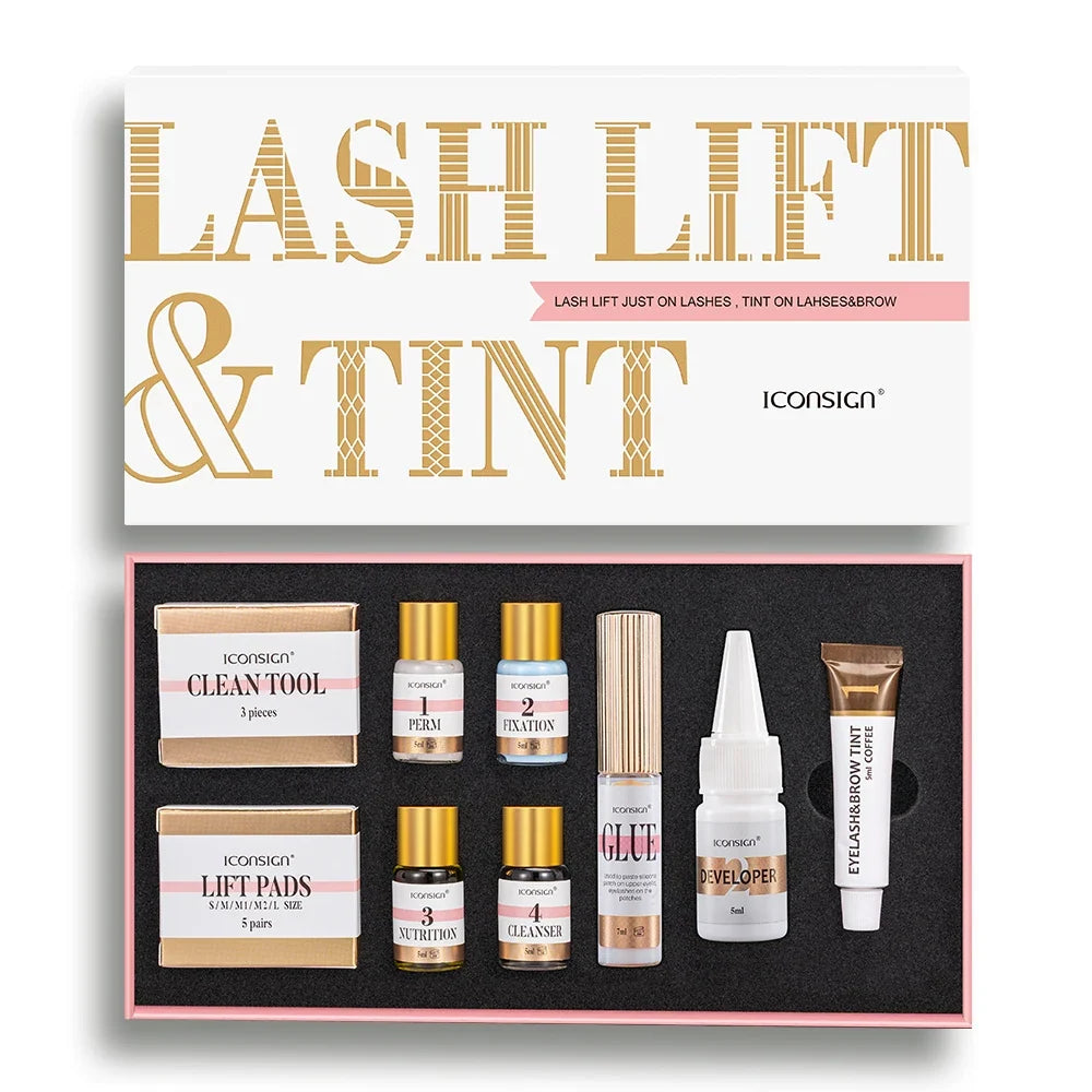 Blushimmer ICONSIGN Lash Lift and Tint Kit with eyelash perm tools and brow dye containers on a white background.