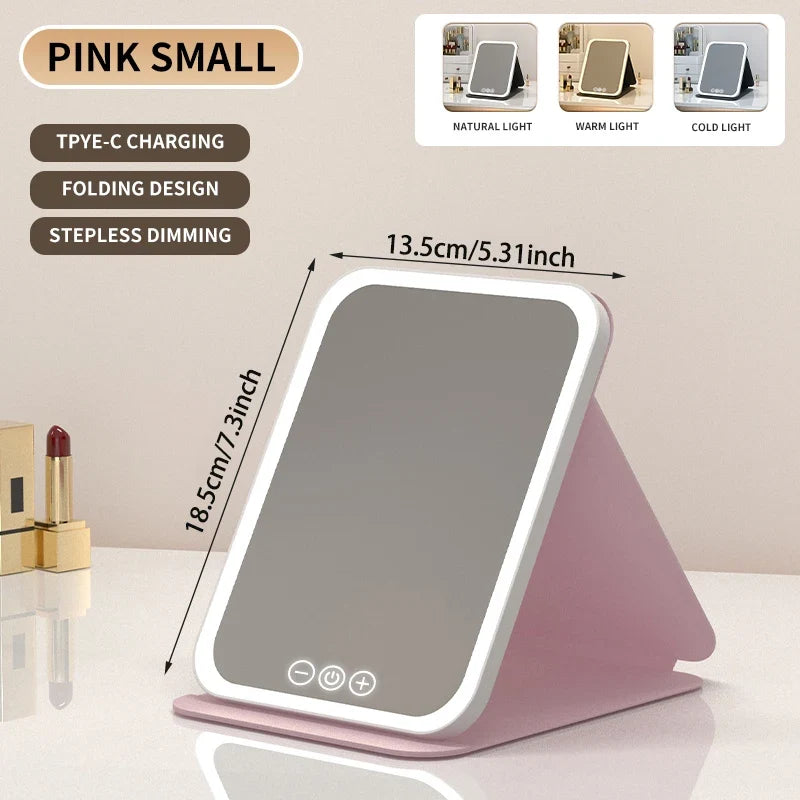 Blushimmer 3-color dimmable LED makeup mirror with touch screen, rechargeable, foldable tabletop mirror for travel and home use.