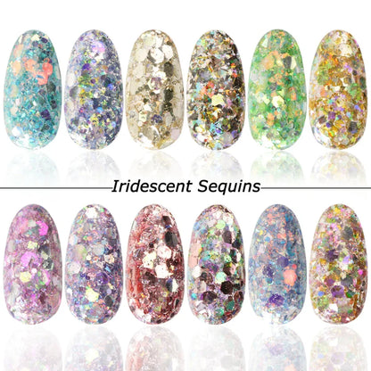 Iridescent mixed hexagon nail glitter sequins with holographic flakes for nail art, by Blushimmer.