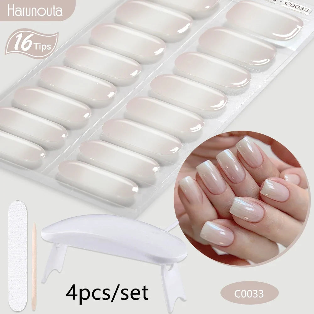 Blushimmer Harunouta 4-piece set of gradient jelly semi-cured gel nail strips with nude pink waterproof designs and a nail lamp.