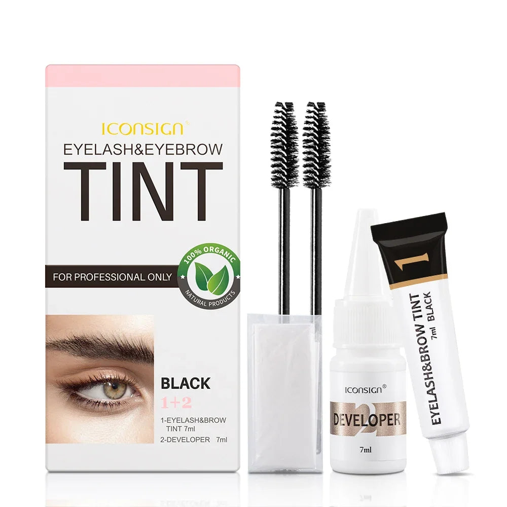 Blushimmer Iconsign Eyelash and Eyebrow Dye Tint Kit in waterproof cream with dye bottles and applicator brushes.