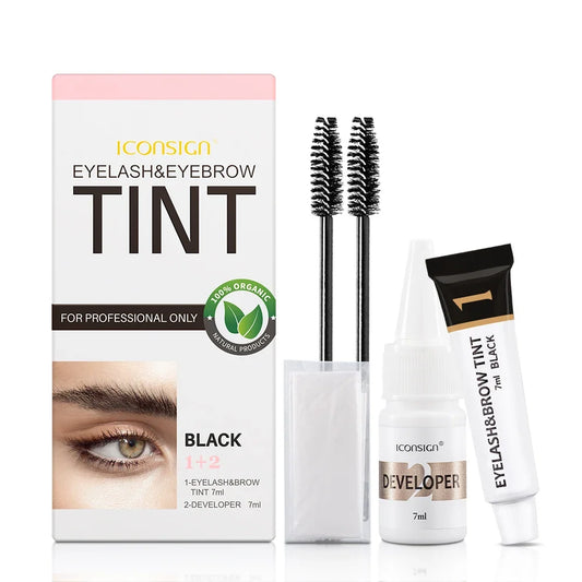 Blushimmer Iconsign Eyelash and Eyebrow Dye Tint Kit in waterproof cream with dye bottles and applicator brushes.
