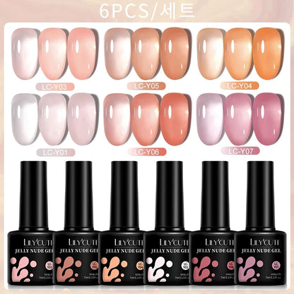 Set of six Blushimmer LILYCUTE 7ml pink nude translucent gel nail polishes for semi-permanent soak-off manicure art.