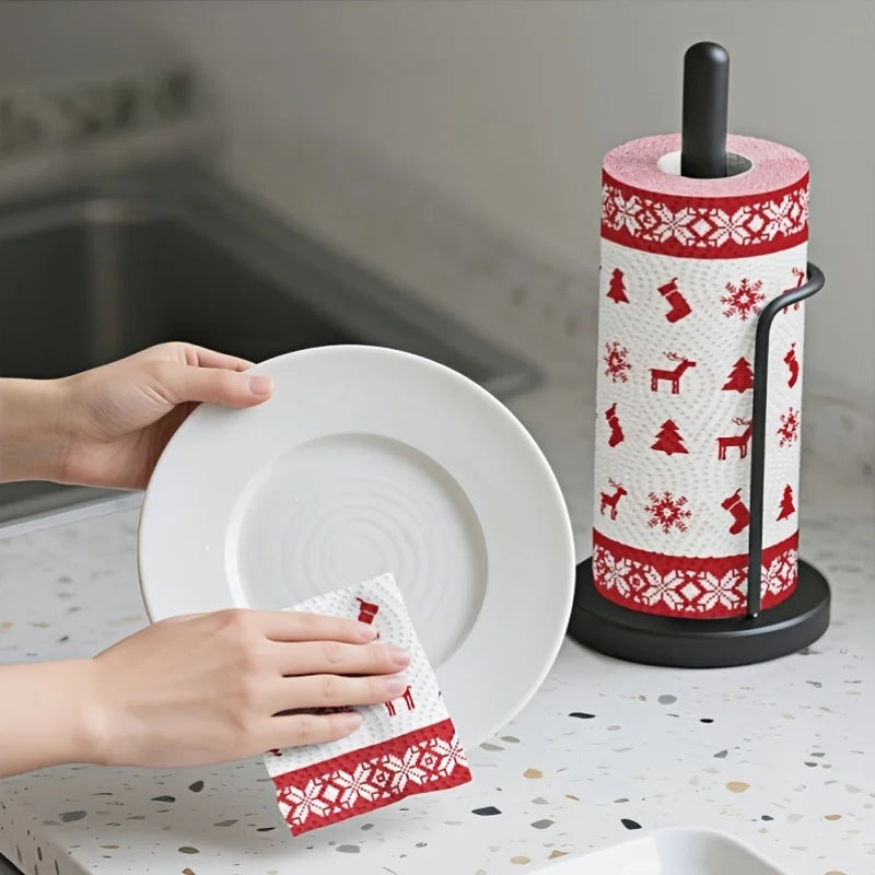 4Pcs Christmas Kitchen Paper Towels, Thick Three-Layer Roll Paper, Disposable Kitchen Cleaning Wet and Dry Dual-Use Household Thick Roll Paper, Disposable Kitchen Paper Towels, Washable Wet and Dry Dual-Use, Cleaning Supplies