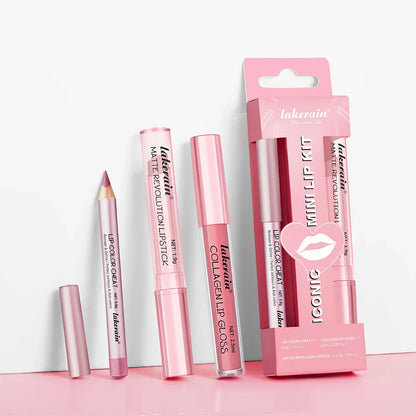 Blushimmer 3-piece lip makeup set including lipliner, lipstick, and lip gloss in matte, waterproof, long-lasting formulas.