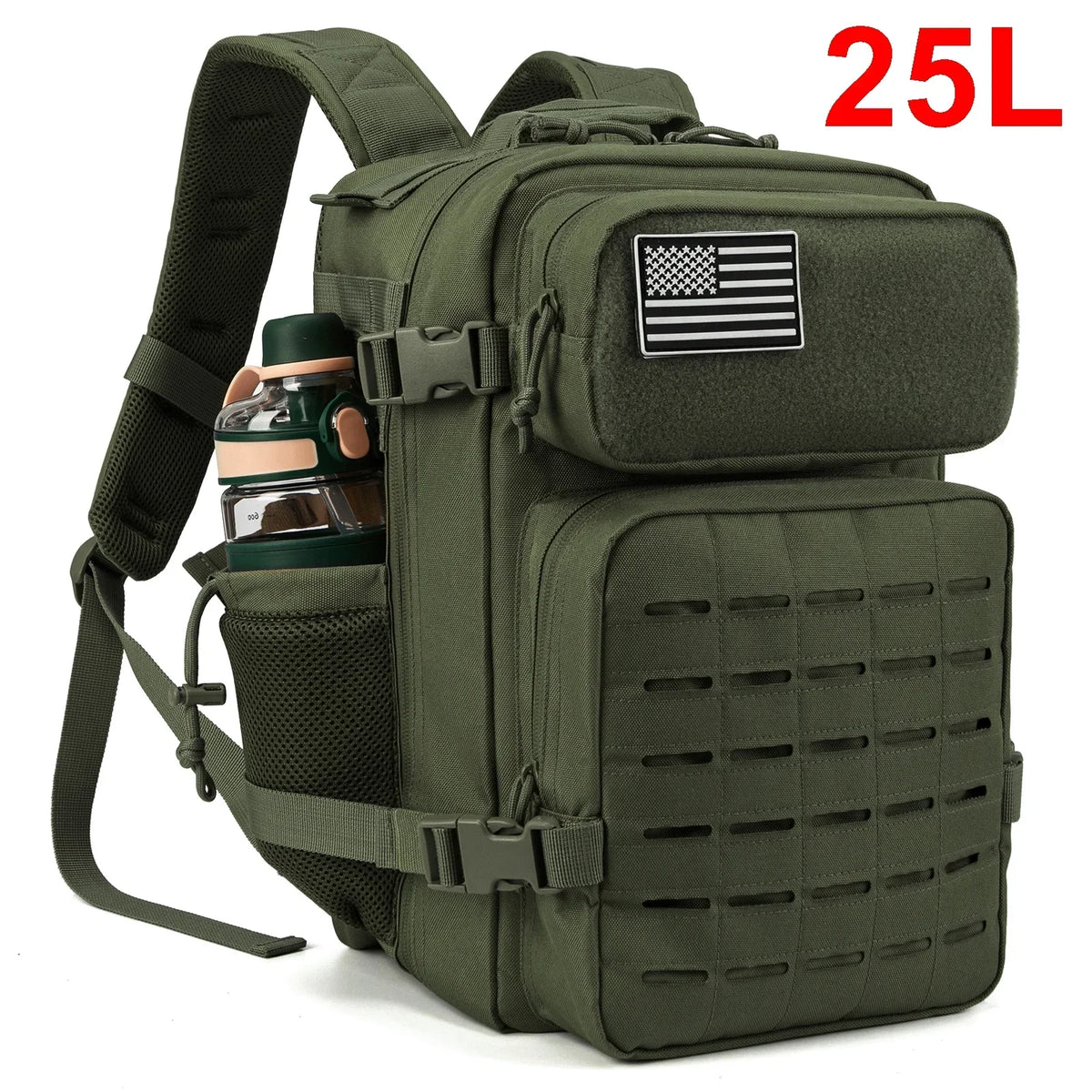 Adventure Club Store 25L tactical backpack with water bottle holder, suitable for outdoor activities and small school use.