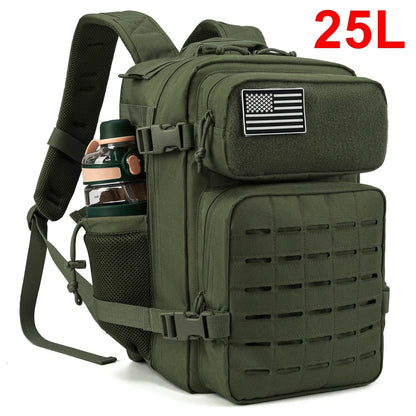 Adventure Club Store 25L tactical backpack with water bottle holder, suitable for outdoor activities and small school use.