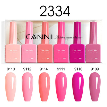 Blushimmer CANNI nail gel polish kit with six 9ml bottles in jade, nude, pink, and jelly colors for natural French nail designs.