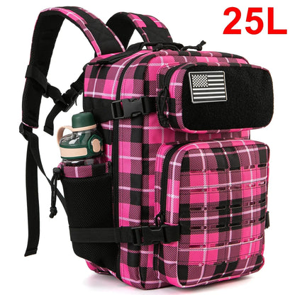 25L tactical backpack for men and women with water bottle holder, ideal for outdoor activities and small school use.