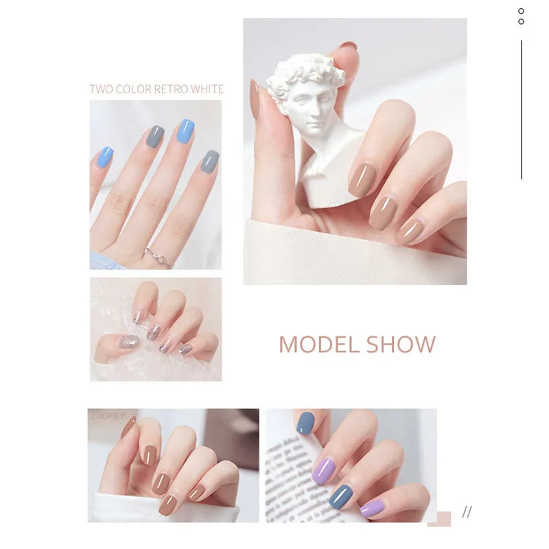 Blushimmer 10ml water-based nail polish in various colors, showing a semi-permanent, quick-drying, tearable nail varnish for DIY manicures.