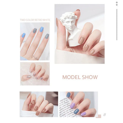 Blushimmer 10ml water-based nail polish in various colors, showing a semi-permanent, quick-drying, tearable nail varnish for DIY manicures.
