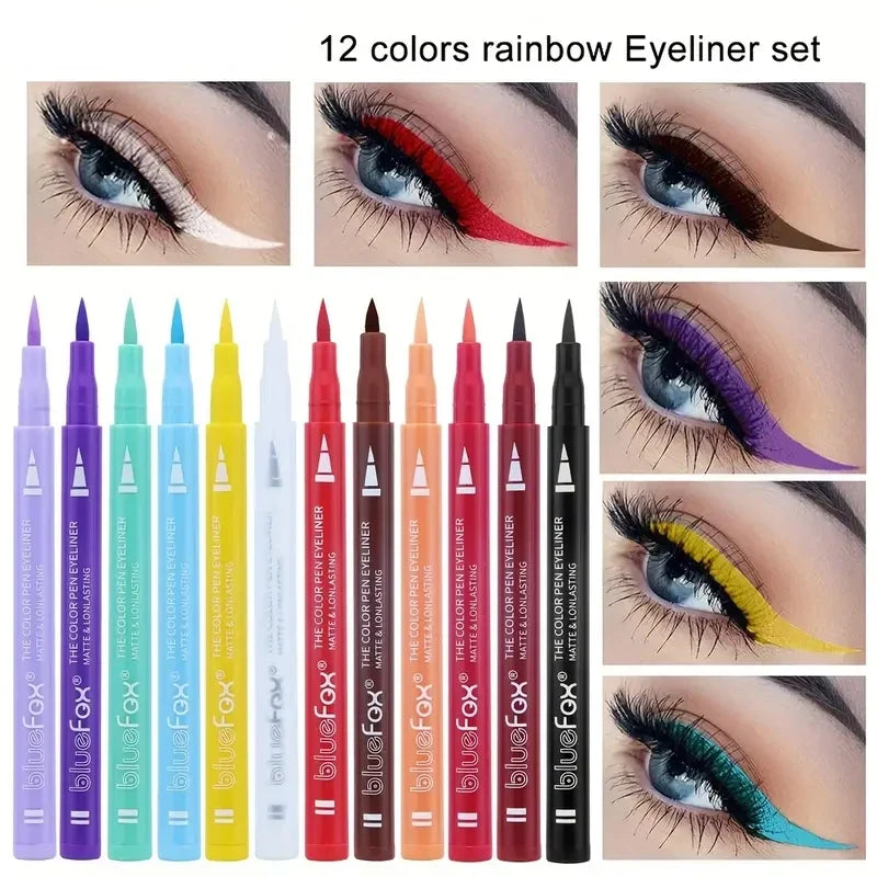Blushimmer 12-color waterproof liquid eyeliner and face paint pen set with vibrant shades and precise applicator tips.
