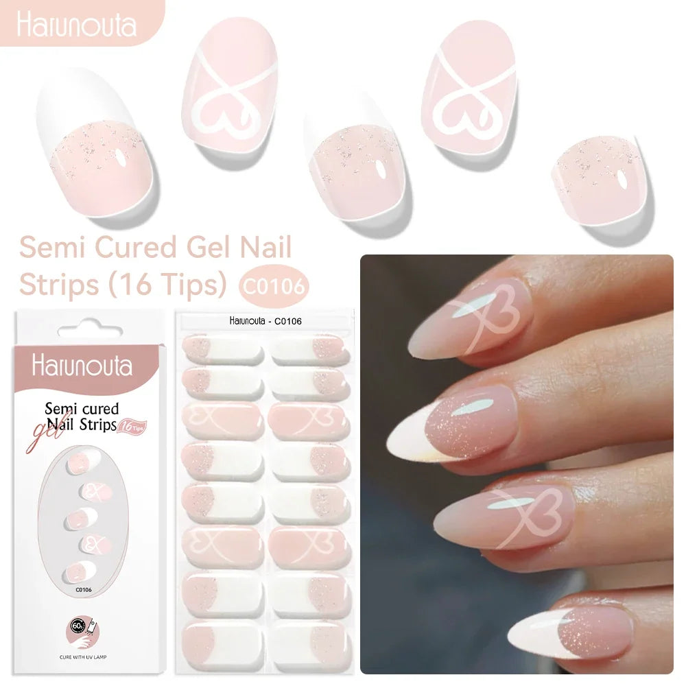Blushimmer Harunouta 16-strip gradient red marble gel nail strips with gold line for DIY gel polish application on nails.