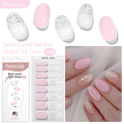 Blushimmer Harunouta 16-strip gradient red marble gel nail strips with gold lines for DIY gel polish application on nails.
