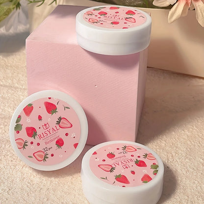 Box of 32 Blushimmer strawberry nail polish remover pads with soft, absorbent wipes for easy manicure and pedicure care.