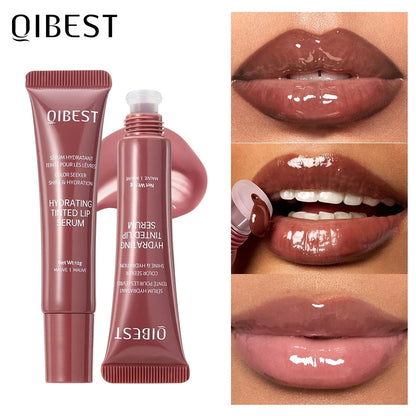 Blushimmer nude brown plumping lip gloss tube with moisturizing, tinted lip oil for fuller, soft lips in a 12g soft tube.