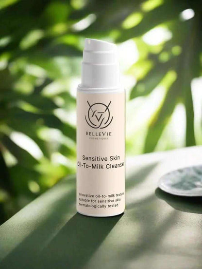 Sensitive skin oil-to-milk cleanser by Belleviecosmetic, gentle makeup melt and hydrating facial cleanser in a 150ml bottle