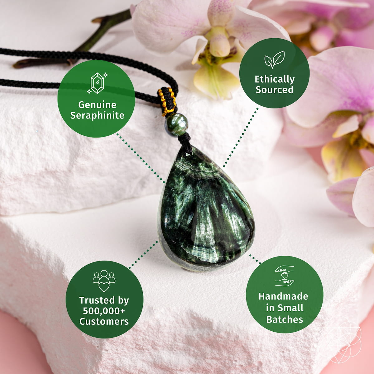 Seraphinite pendant necklace from Conscious Items featuring a rare angelic green gemstone on a silver chain.