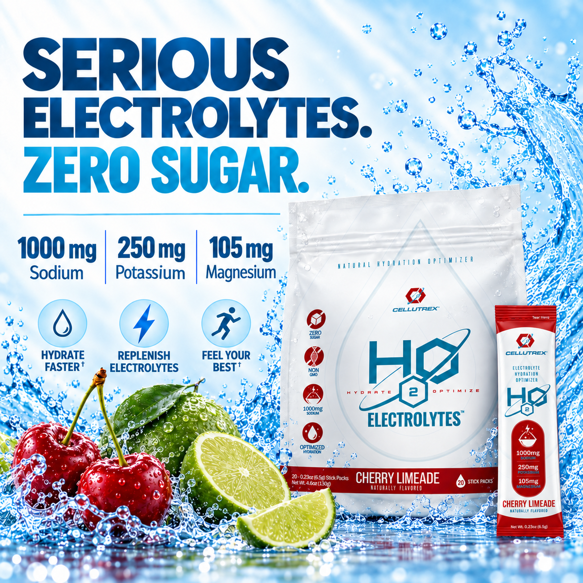 Cellutrex H2O ELECTROLYTES Cherry Limeade zero sugar electrolyte powder packet with refreshing cherry limeade flavor.