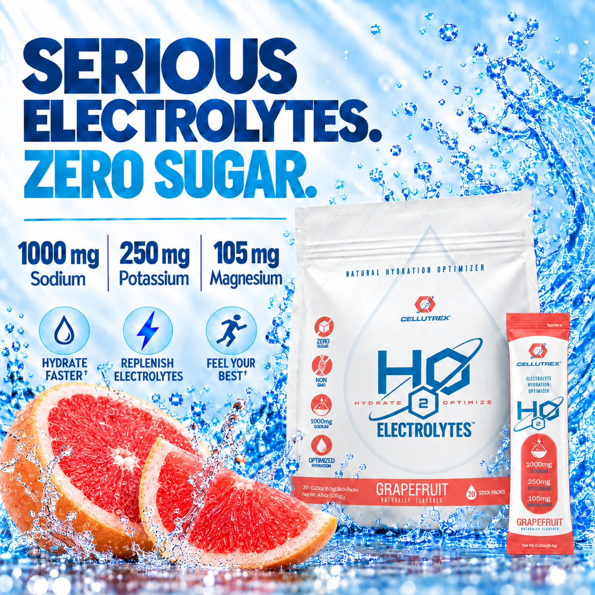 Cellutrex H2O ELECTROLYTES™ grapefruit flavor zero sugar electrolyte powder packet with vibrant grapefruit design.