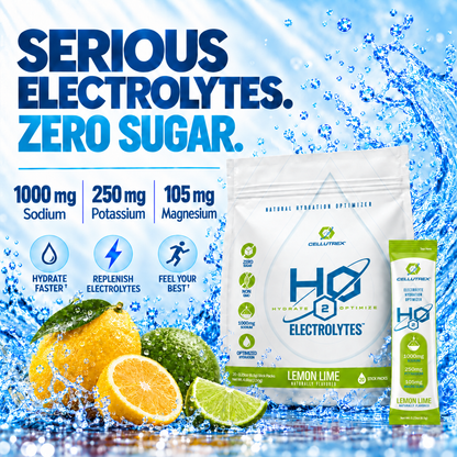 Cellutrex H2O ELECTROLYTES Lemon Lime electrolyte powder in a container, zero sugar vitamins and supplement for hydration.