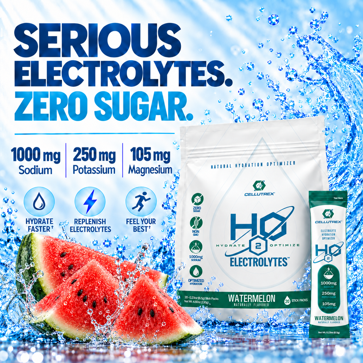 Cellutrex H2O ELECTROLYTES Watermelon electrolyte powder packet with zero sugar, vitamin and supplement product for hydration.