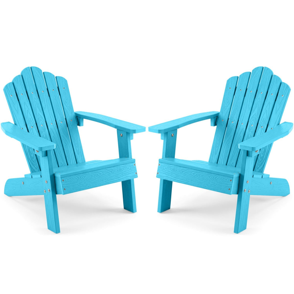 Set of 2 kids outdoor Adirondack chairs with high backs and tilted seats, made for children, designed for all-weather outdoor use.
